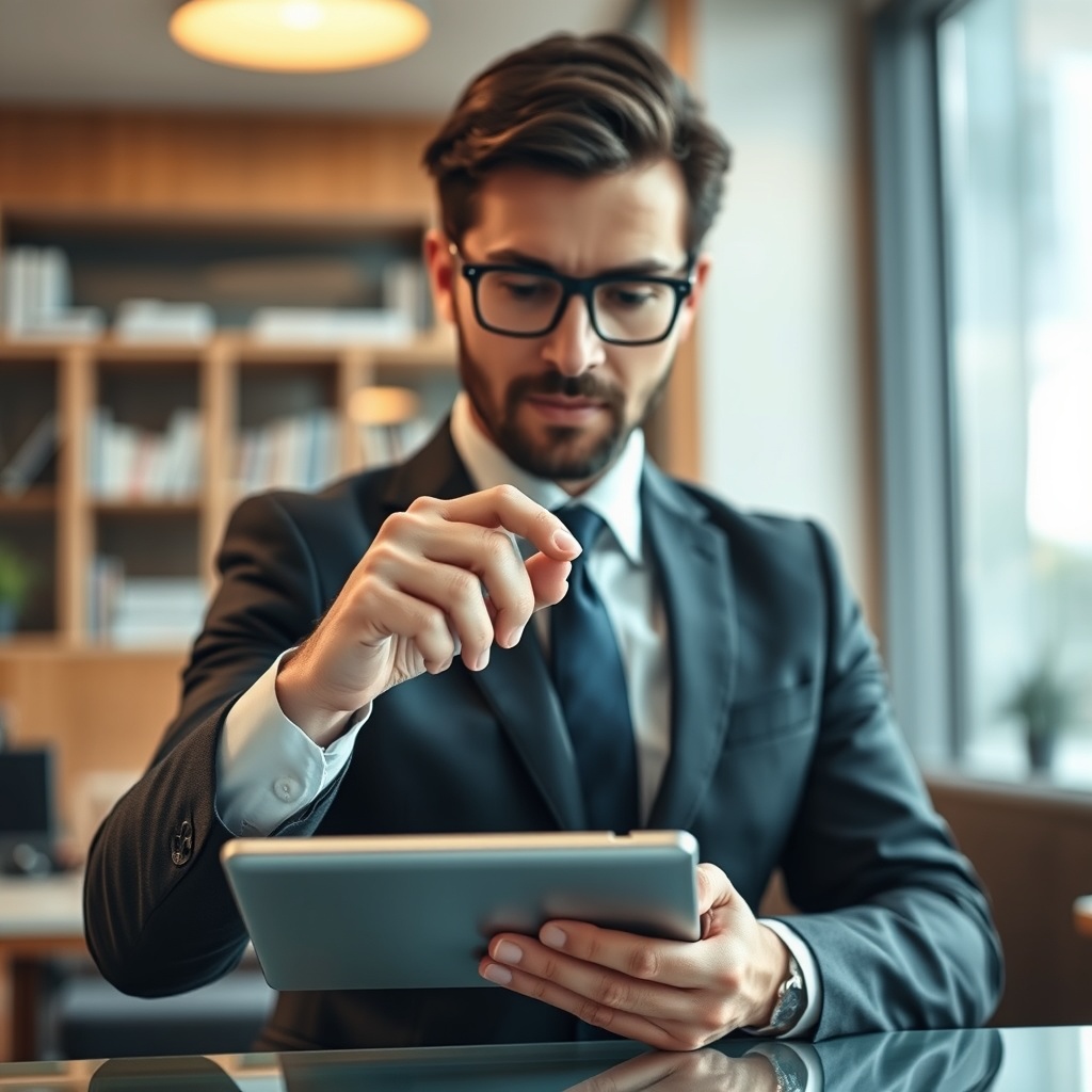 A professional stock photo of a business executive analyzing a financial chart on a tablet, symbolizing strategic capital asset management.