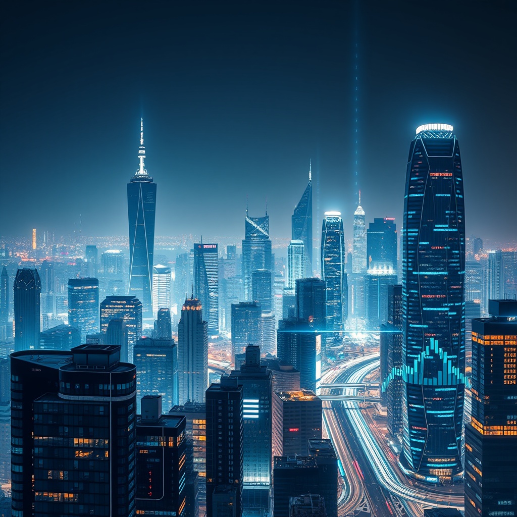 A professional stock photo of a futuristic cityscape with digital graphs overlaying the buildings, representing the future of capital assets in a global economy.