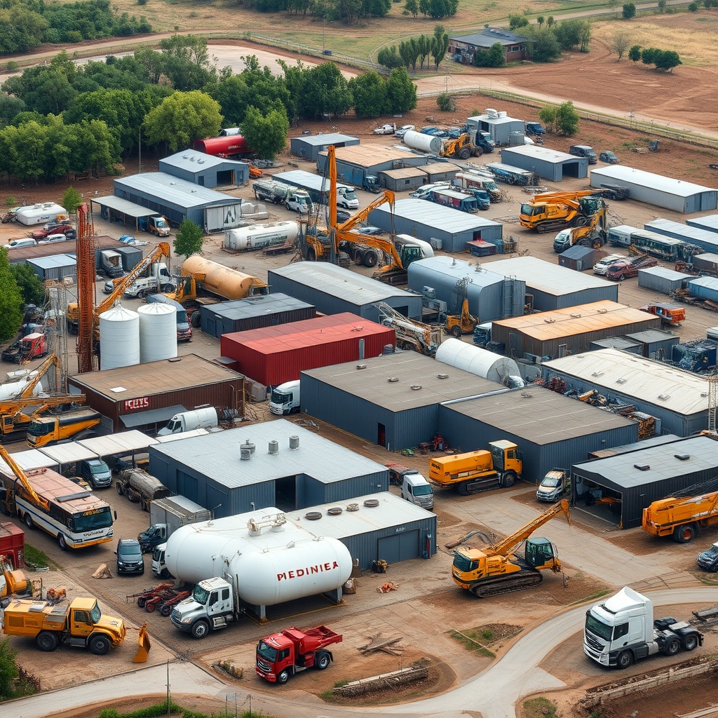 A diverse collection of industrial and commercial plant assets including land, buildings, machinery, and vehicles in a professional setting.