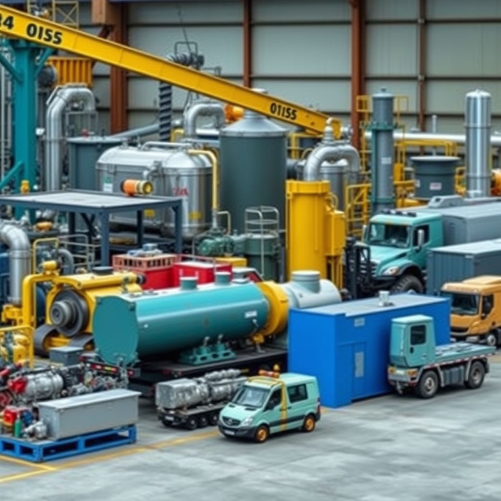 A professional stock photo of various types of plant assets including machinery, vehicles, and buildings in an industrial setting.