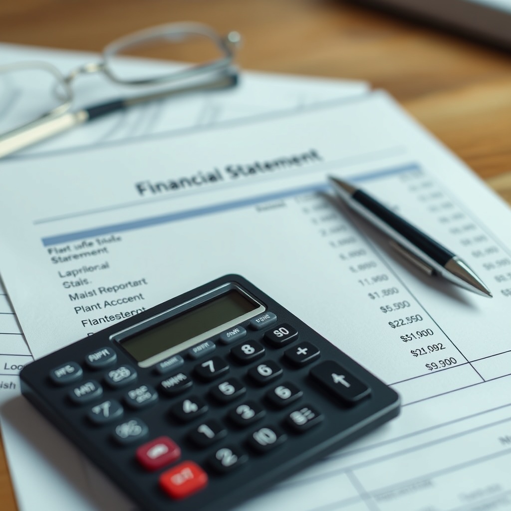 A professional stock photo of a financial statement document on a desk with a calculator and pen, highlighting the importance of plant assets in financial reporting.