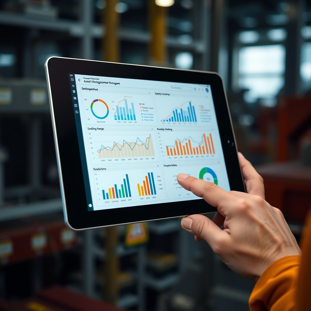 A professional stock photo of a digital tablet displaying asset management software with graphs and analytics, symbolizing technological advances in plant asset management.
