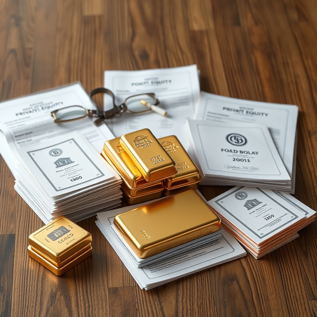 A diverse portfolio with stacks of gold bars, real estate documents, and private equity contracts on a wooden table.