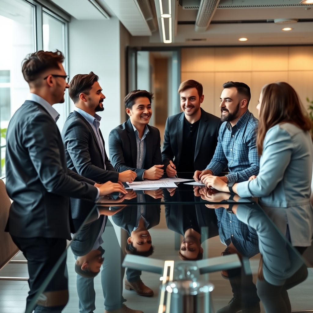 A dynamic meeting between venture capitalists and startup founders in a modern office setting, exchanging ideas over a sleek glass table.