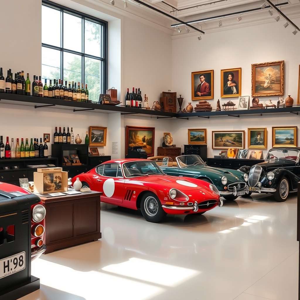 An elegant display of rare collectibles and commodities including vintage wine, classic cars, and fine art in a well-lit gallery.
