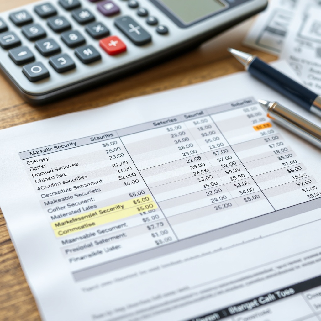 A professional stock photo of a financial statement with highlighted sections showing marketable securities, set on a desk with a calculator and pen.
