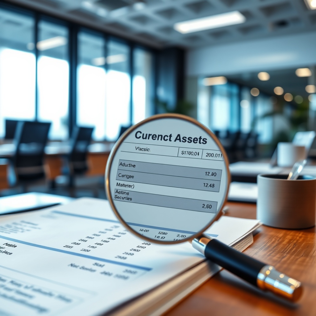 A professional stock photo depicting a balance sheet with current assets section zoomed in, showing marketable securities, in a modern office setting.