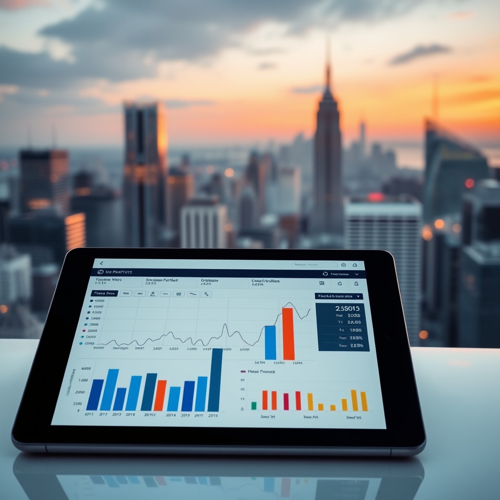 A professional stock photo of a diverse investment portfolio chart on a digital tablet, with a city skyline in the background.