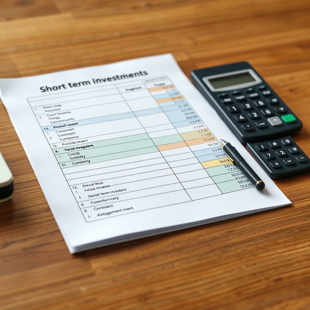 A professional stock photo of a balance sheet with highlighted sections indicating short-term investments, placed on a wooden desk with a calculator and pen nearby.