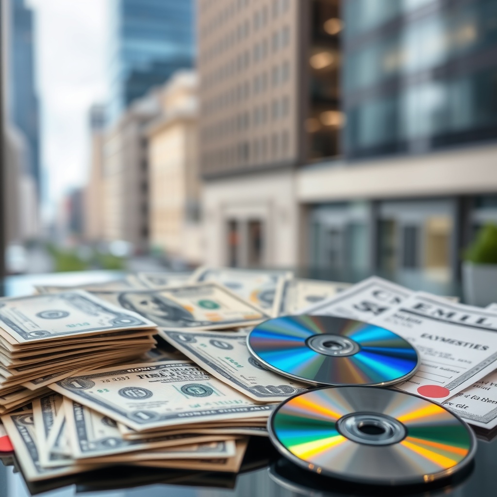 A professional stock photo of various financial instruments like Treasury bills, money market funds certificates, and CDs spread out on a table with a blurred background of a financial district.