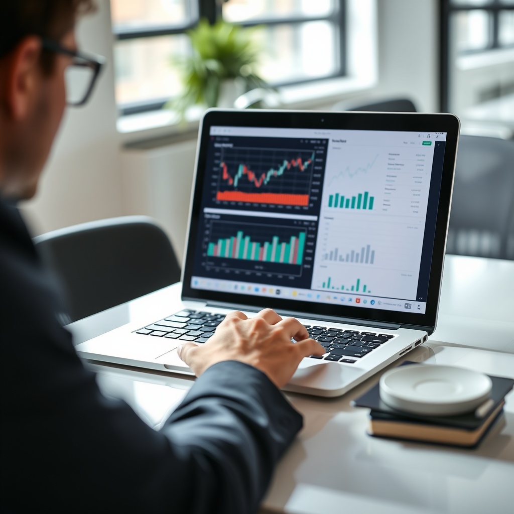 A professional stock photo of a person analyzing investment options on a laptop, with charts and graphs visible on the screen, in a well-lit office setting.