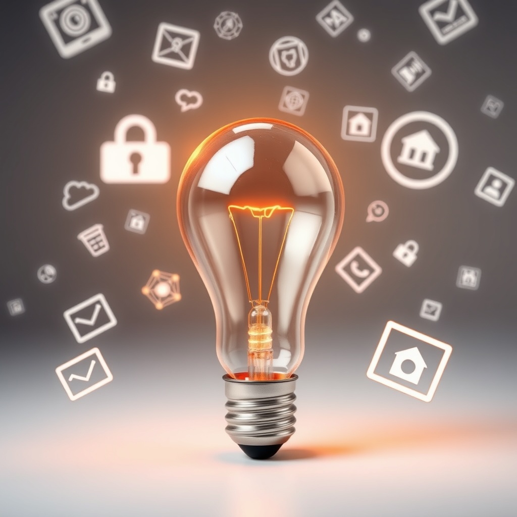 A high-quality image of a lightbulb surrounded by floating digital icons, symbolizing innovation and the intangible nature of ideas.