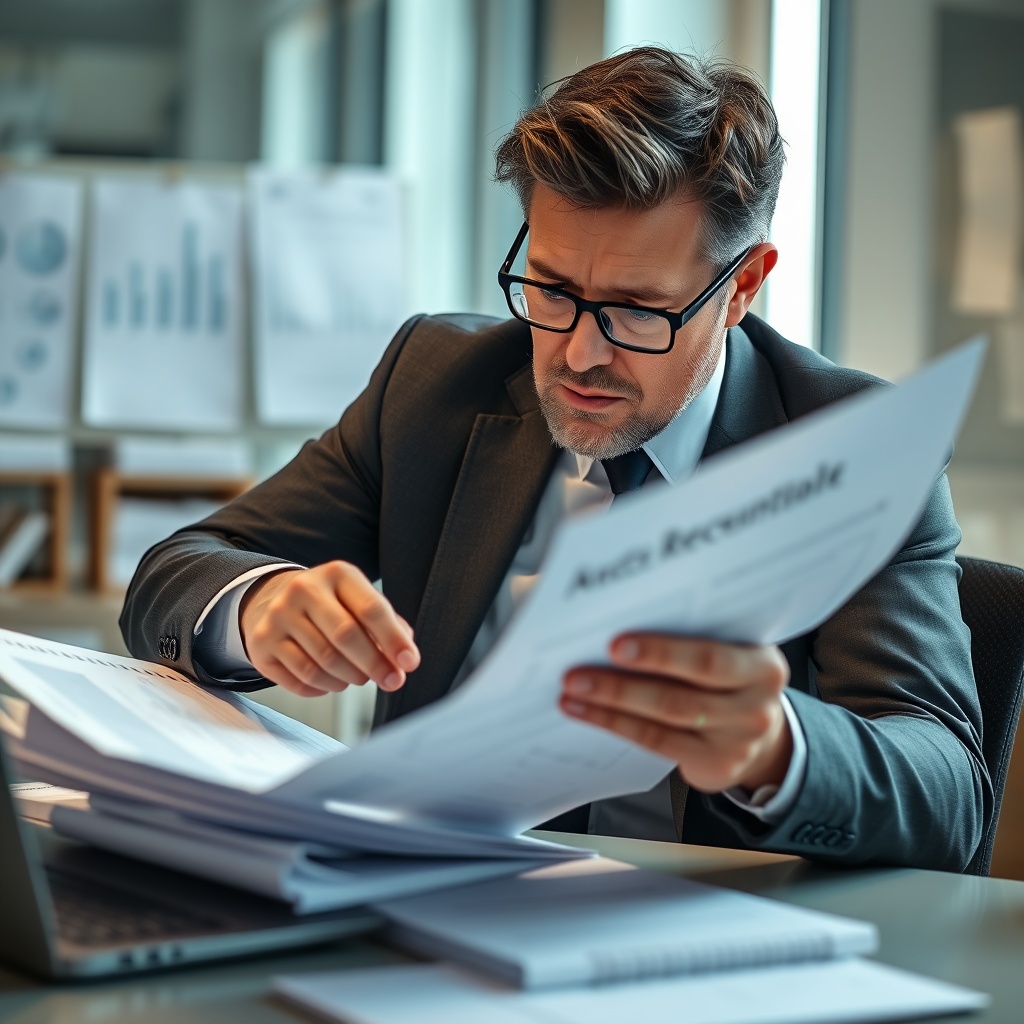 A professional stock photo of an accountant analyzing financial documents, focusing on the accounts receivable section to represent accounting practices.