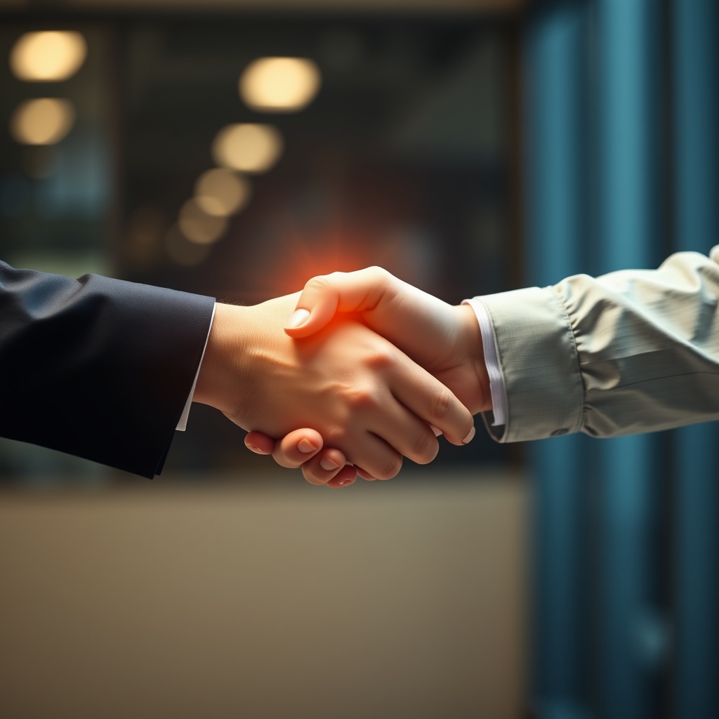A professional image of a handshake between two business people with a glowing aura, representing goodwill in business relationships.