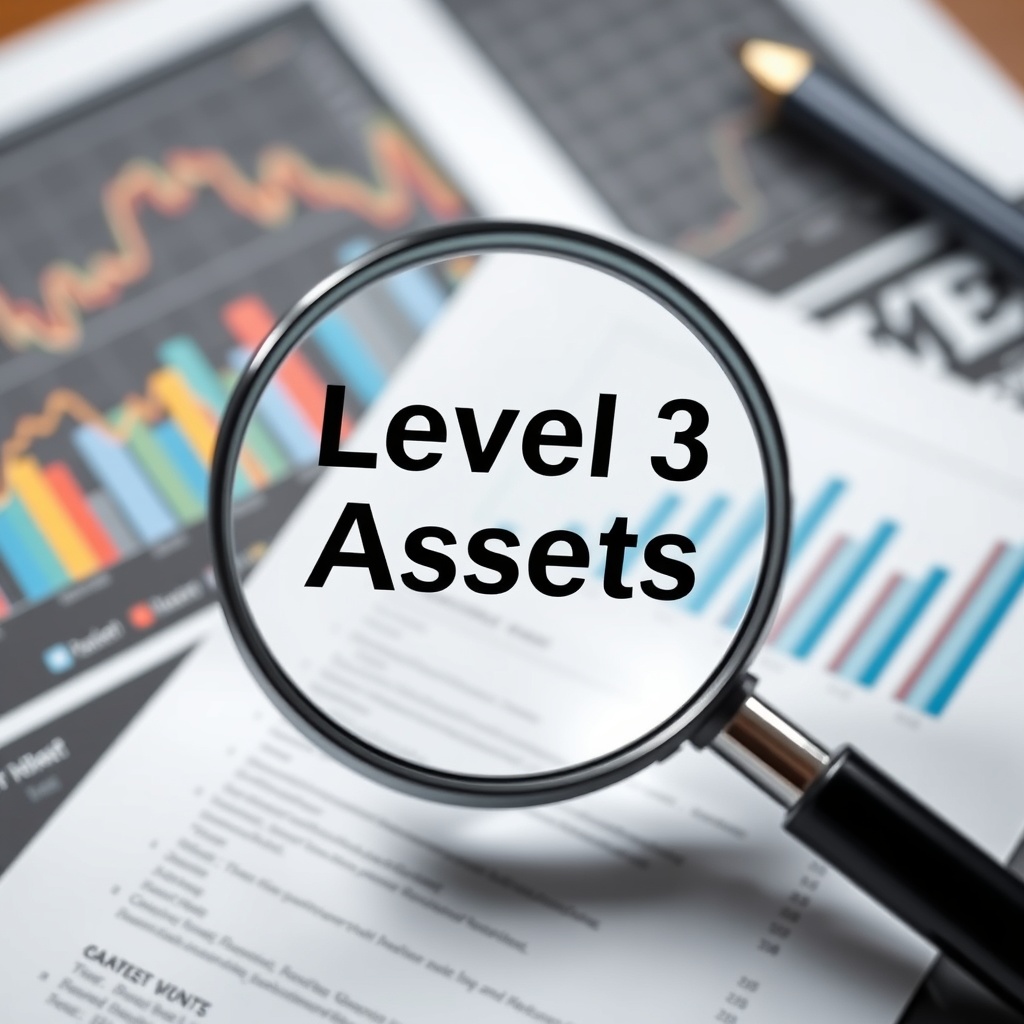 A professional stock photo of a magnifying glass focusing on a document with financial charts and graphs in the background, symbolizing the analysis of Level 3 Assets.