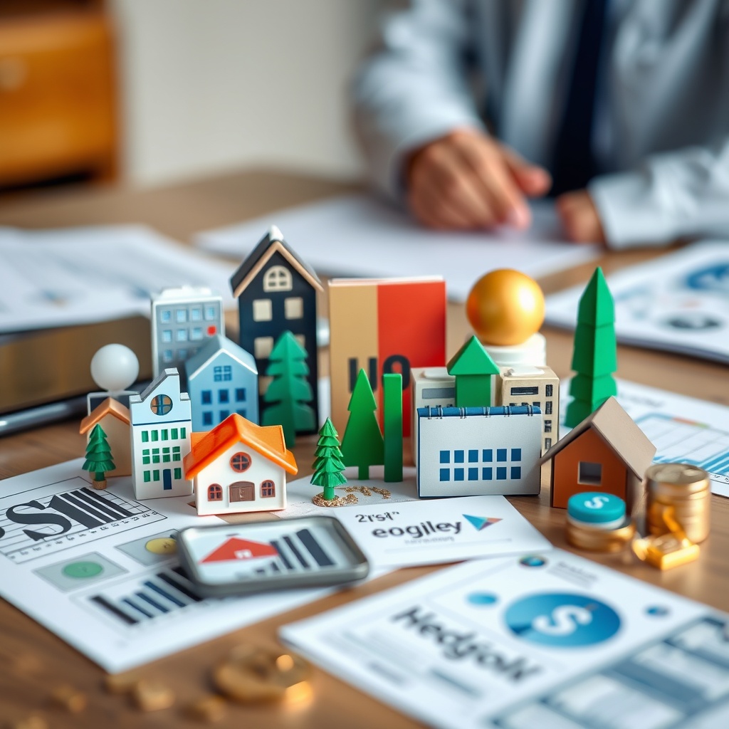 A professional stock photo of a diverse portfolio represented by different types of investment icons such as private equity, real estate, and hedge funds, arranged neatly on a table.