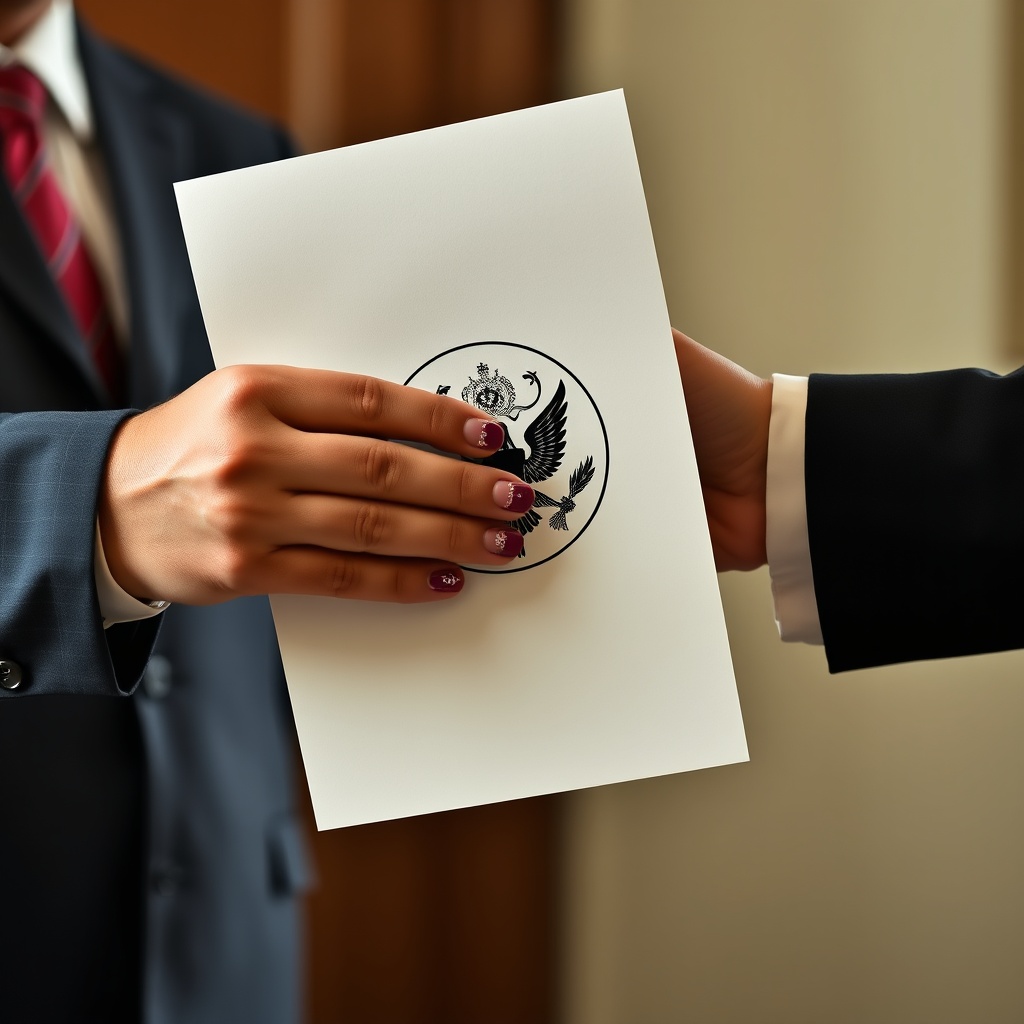 An image of a document with a government seal being handed over in a formal setting, symbolizing the receipt of a government grant.