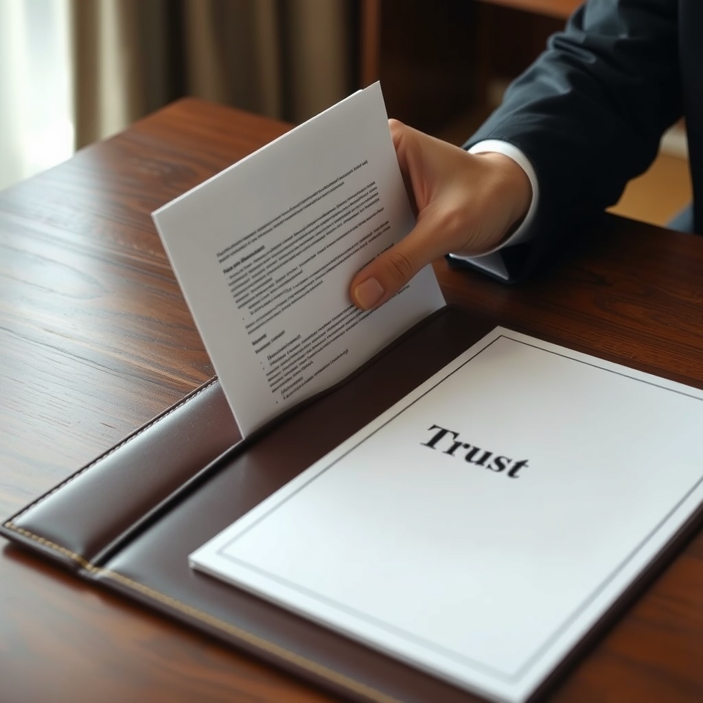 A professional image of a hand placing important documents into a secure, elegant trust folder on a wooden desk.