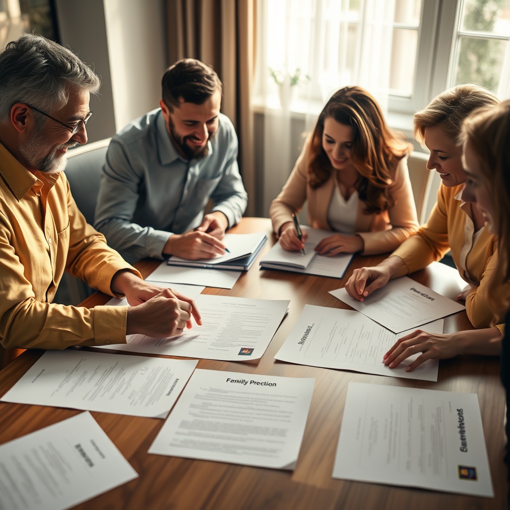 A dynamic image of a family business meeting, with documents spread out on a table, symbolizing partnership and asset protection.