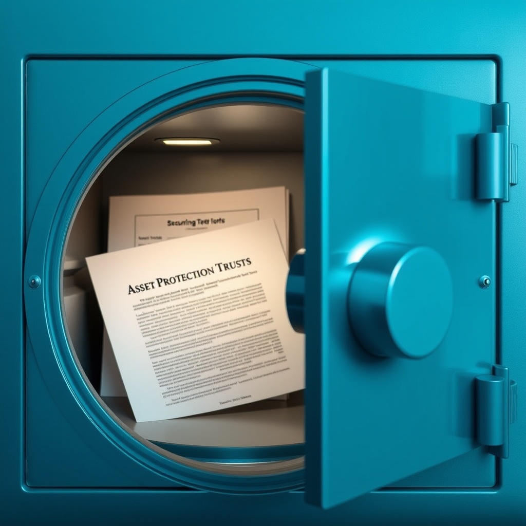 A serene image of a secure, modern safe with legal documents inside, representing the protection and security offered by Asset Protection Trusts.