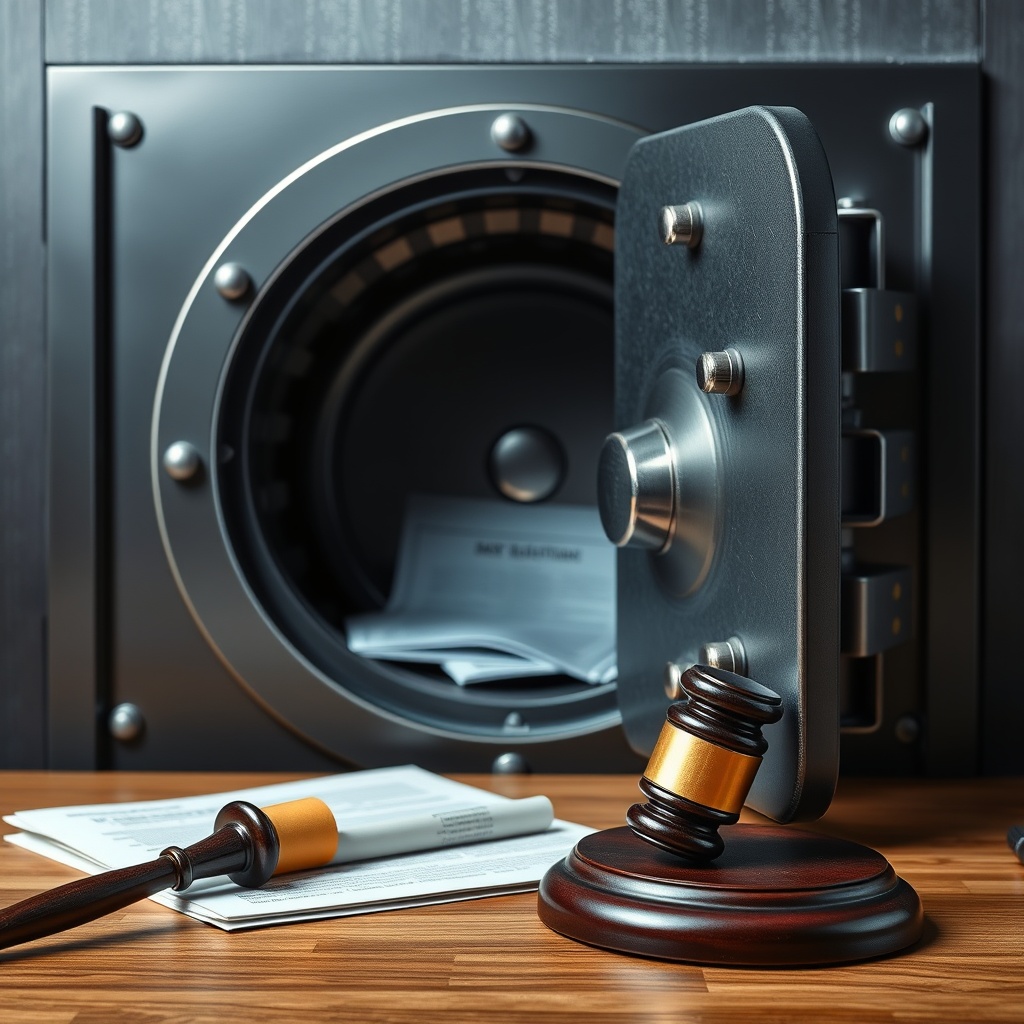 A professional stock photo of a secure vault or safe with legal documents and a gavel nearby, representing the security and legal protection offered by asset protection trusts.