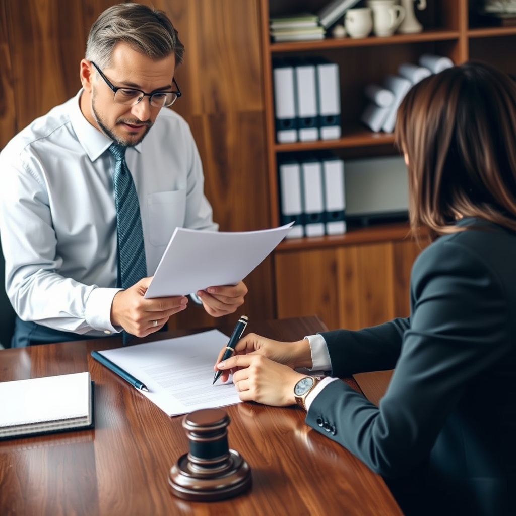 A professional attorney reviewing legal documents with a client at a wooden desk, highlighting the consultation process.