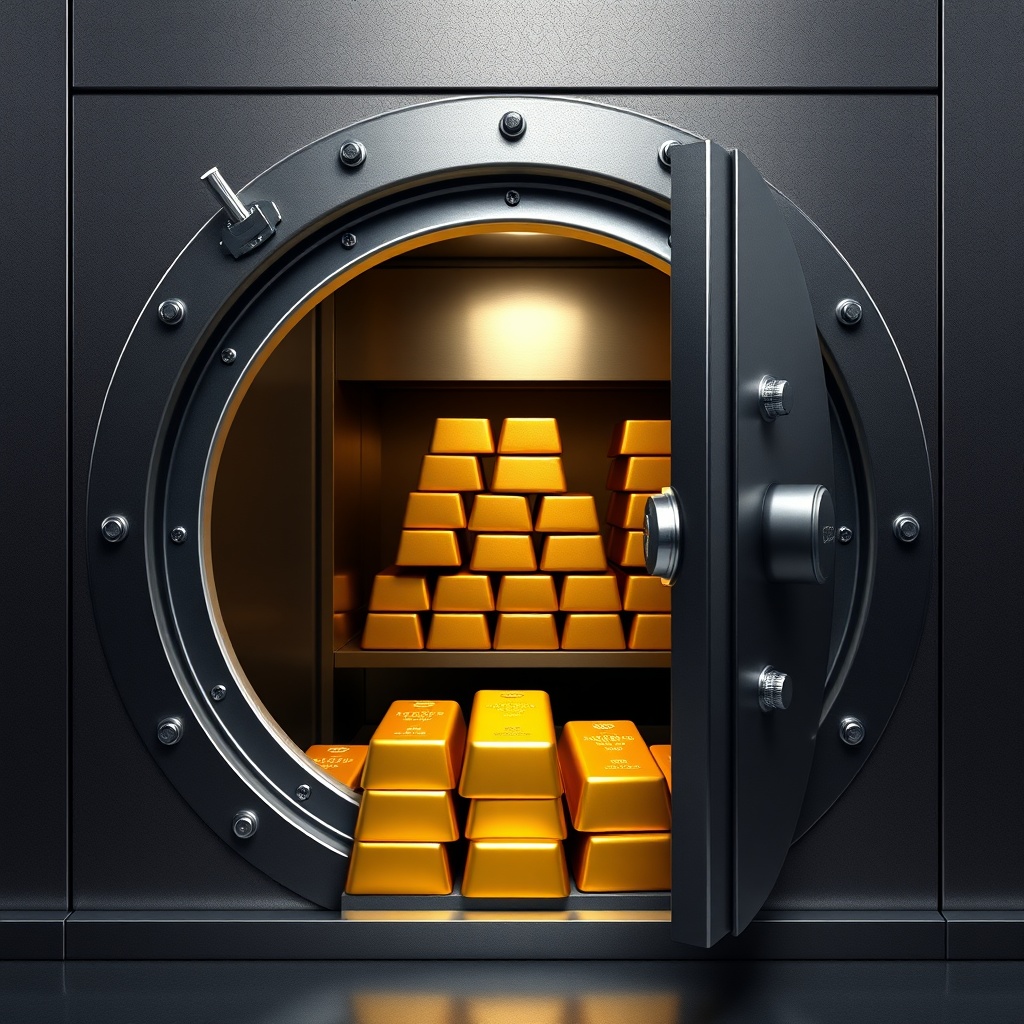 A professional stock photo of a secure vault door opening to reveal stacks of gold bars, symbolizing asset protection.