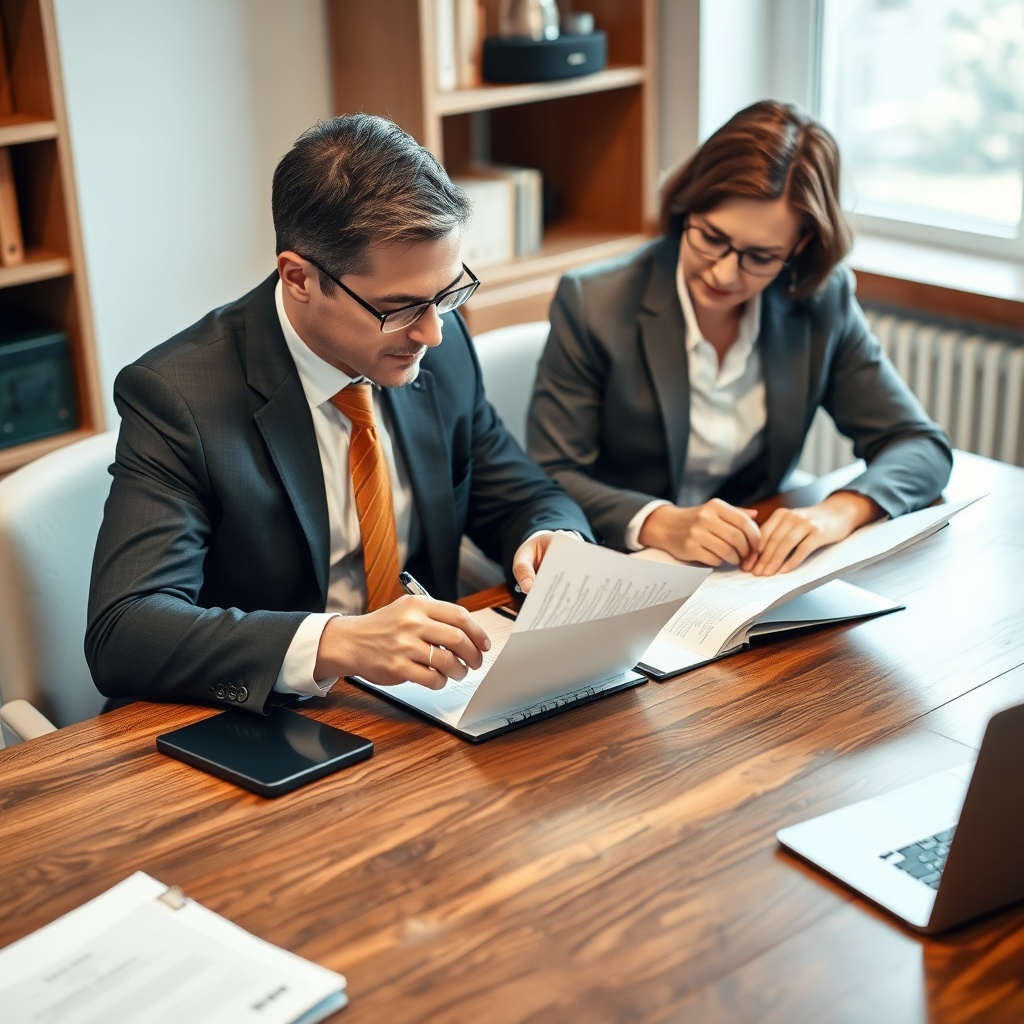 A professional stock photo of a lawyer and client reviewing documents together at a wooden table, symbolizing the process of setting up a trust.