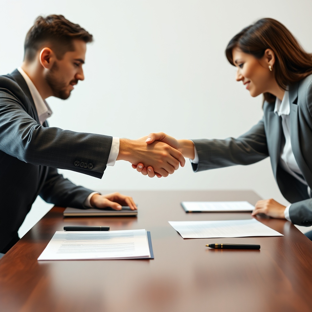 A professional stock photo of two people shaking hands across a table with documents, symbolizing successful mediation.