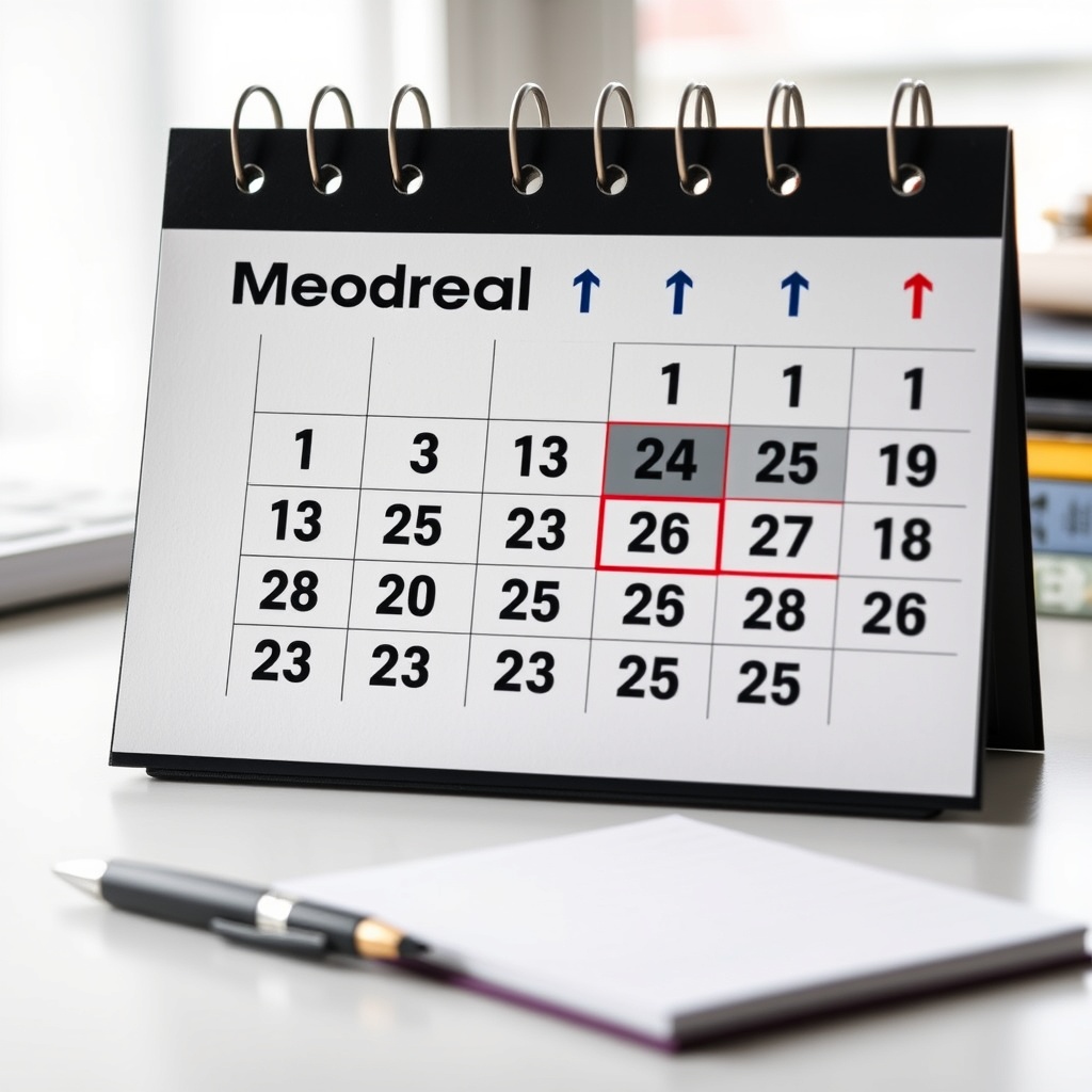 A professional stock photo of a calendar with five years highlighted, symbolizing the Medicaid five-year lookback period, on a clean desk with a pen and notepad nearby.