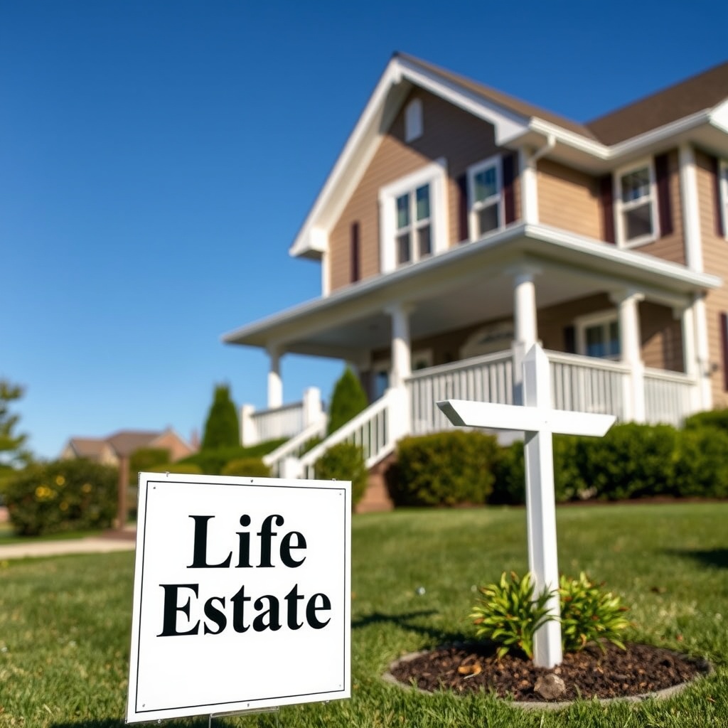 A professional stock photo of a house with a 'Life Estate' sign in the front yard, symbolizing asset protection through a life estate, under a clear blue sky.