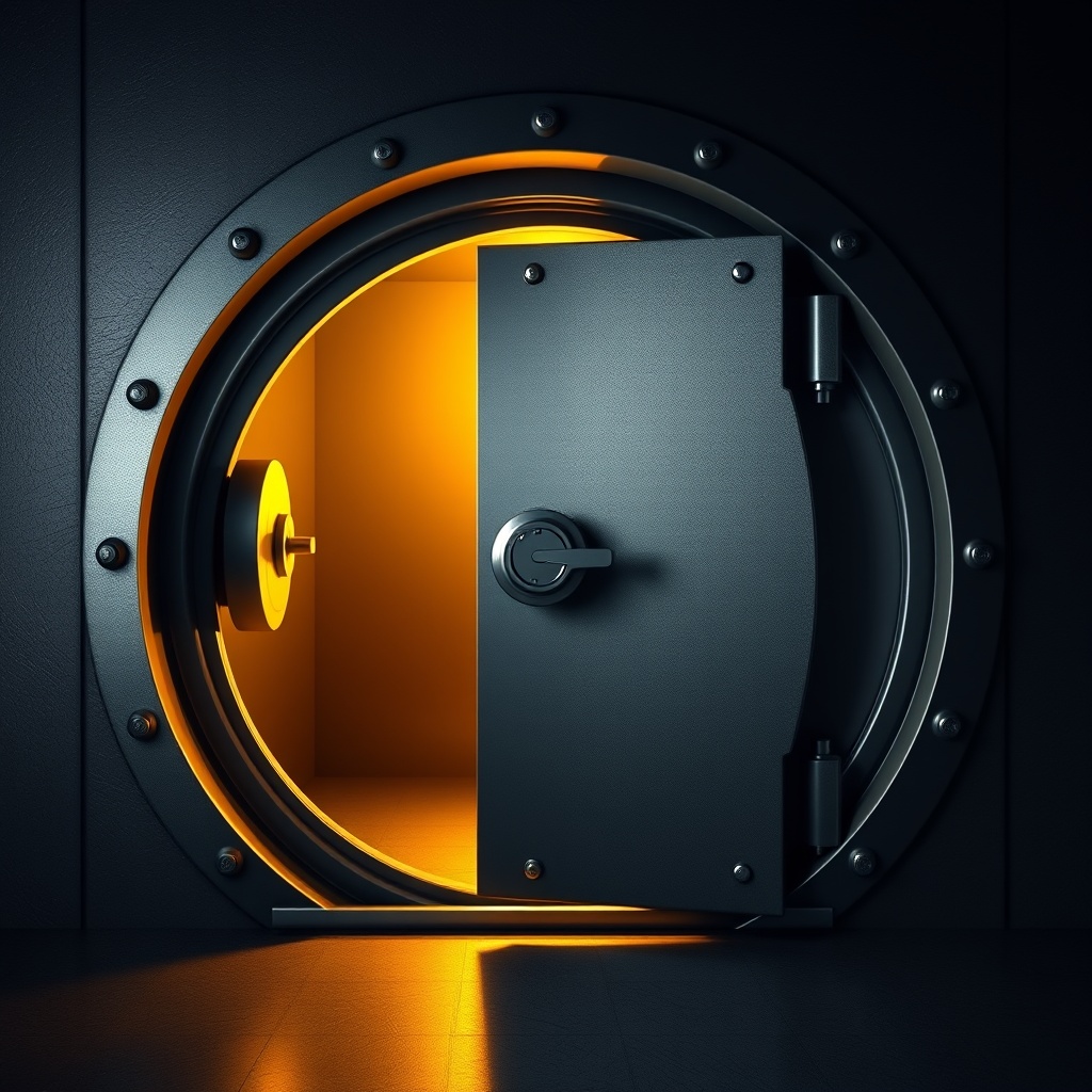 A professional stock photo of a secure vault door slightly open with golden light shining out, representing financial security and peace of mind in Medicaid planning.