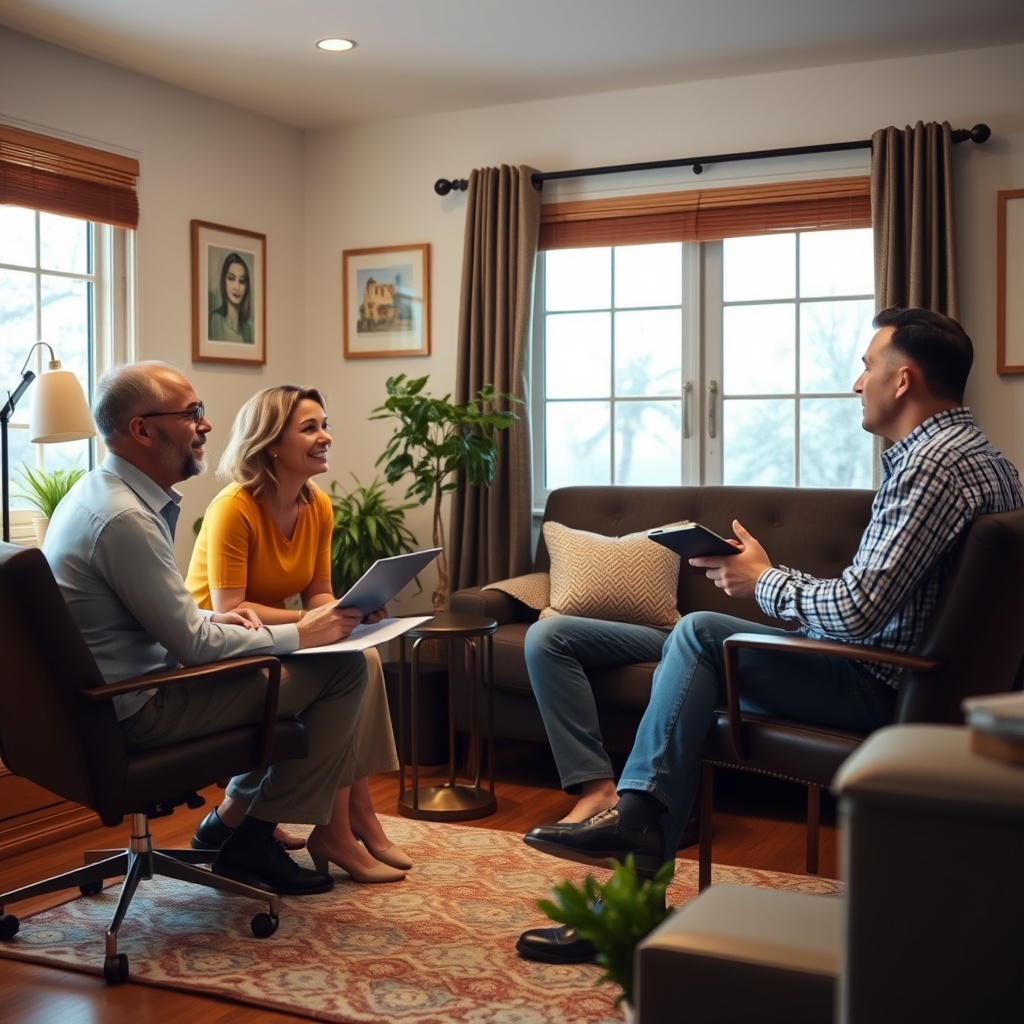 A financial planner discussing budget adjustments with a couple in a home office.