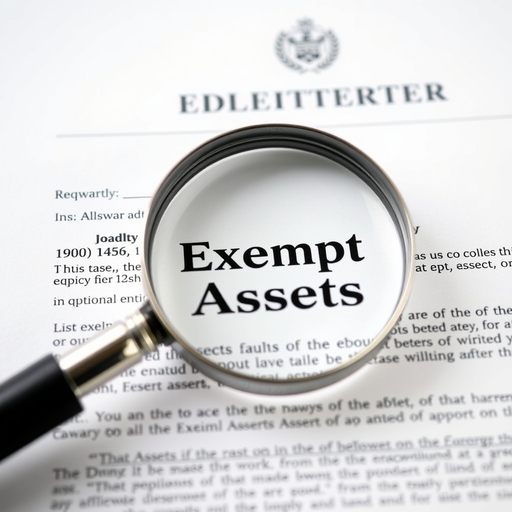 A professional stock photo of a legal document with a magnifying glass focusing on the term 'Exempt Assets'