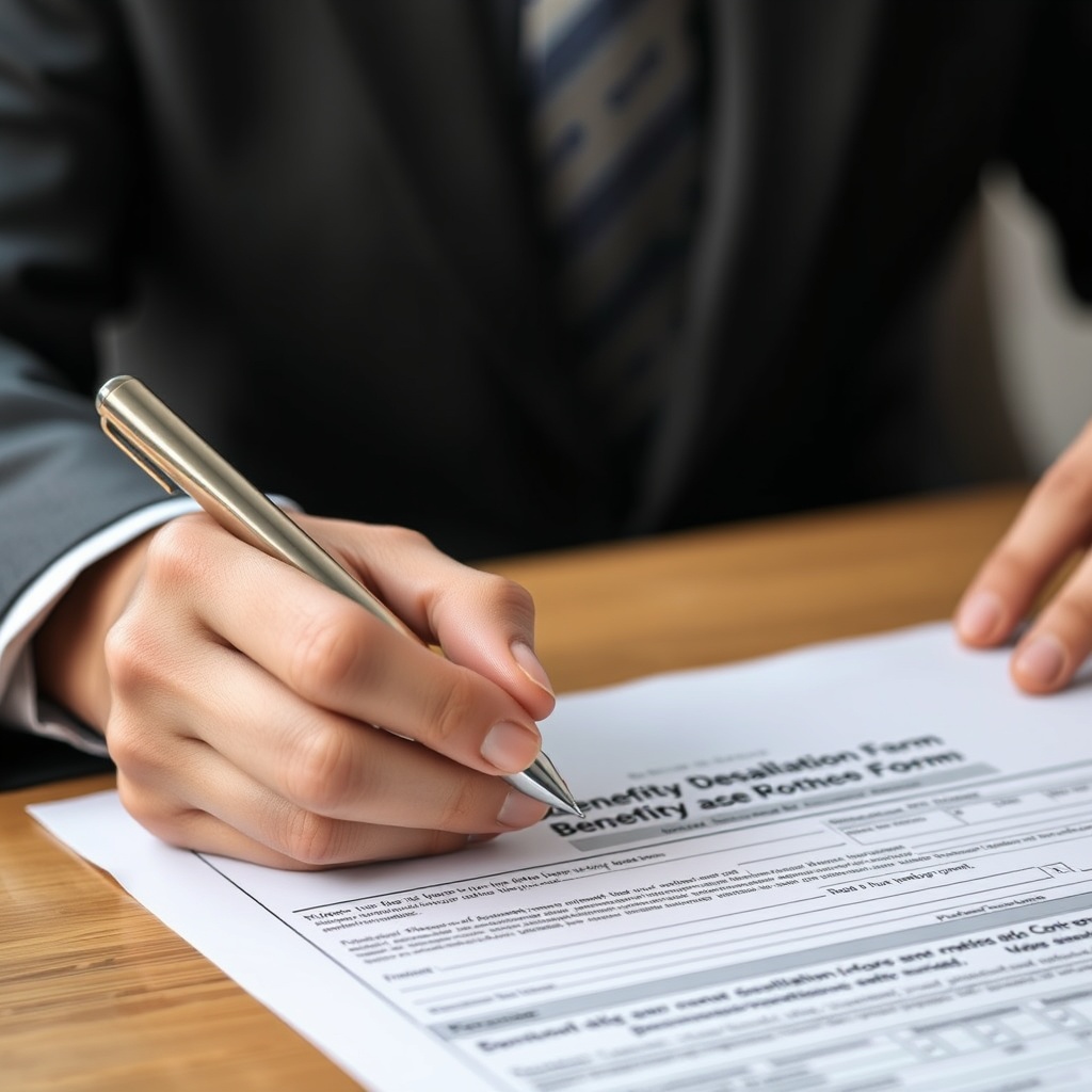 A professional stock photo of a person reviewing a beneficiary designation form with a pen in hand.