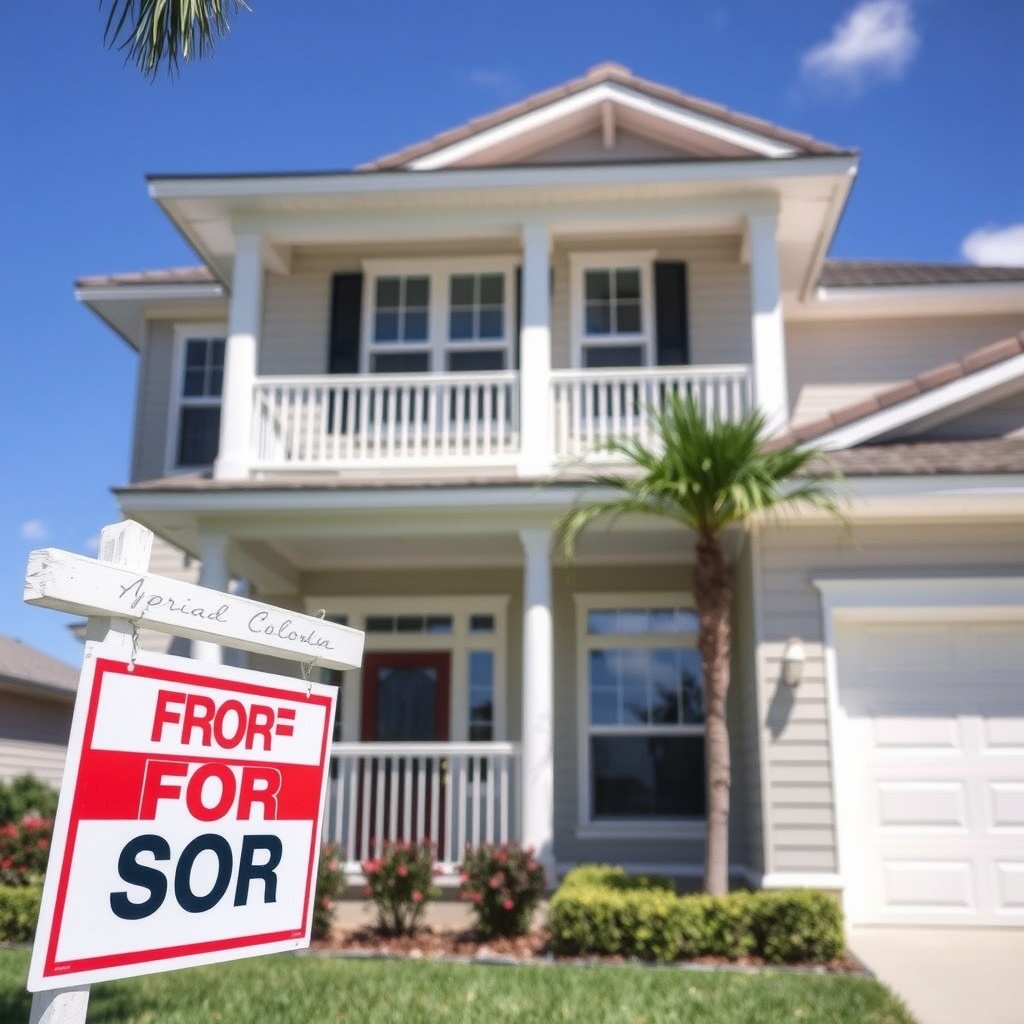 A professional stock photo of a Florida home with a 'For Sale' sign, symbolizing property ownership and tenancy by entireties.