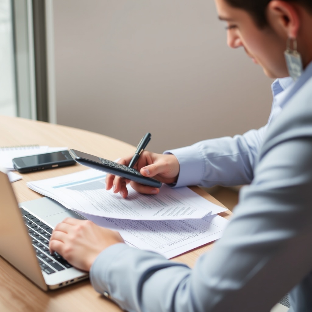 A professional accountant reviewing financial documents with a calculator and laptop, representing alternative accounting methods for non-depreciable assets.