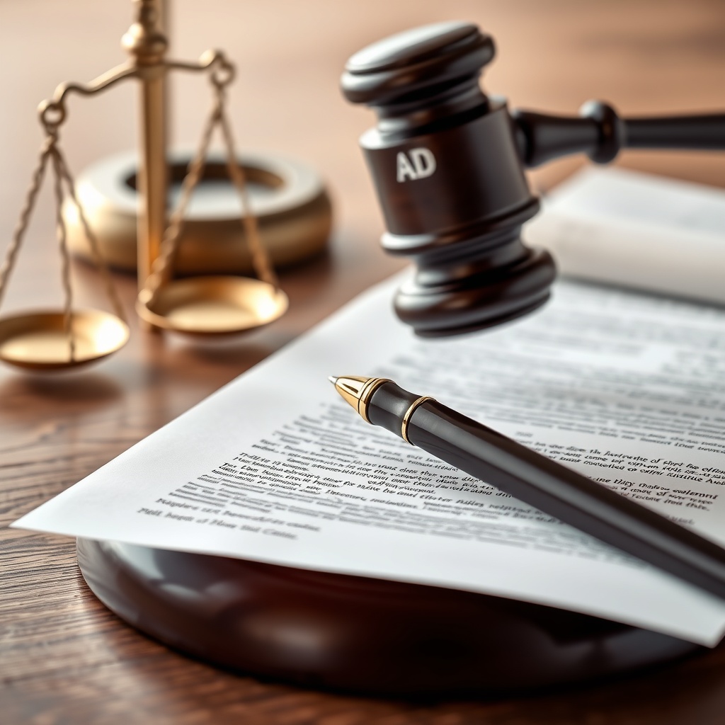 A professional stock photo of a legal document with a gavel and scales of justice in the background, symbolizing regulation and compliance.