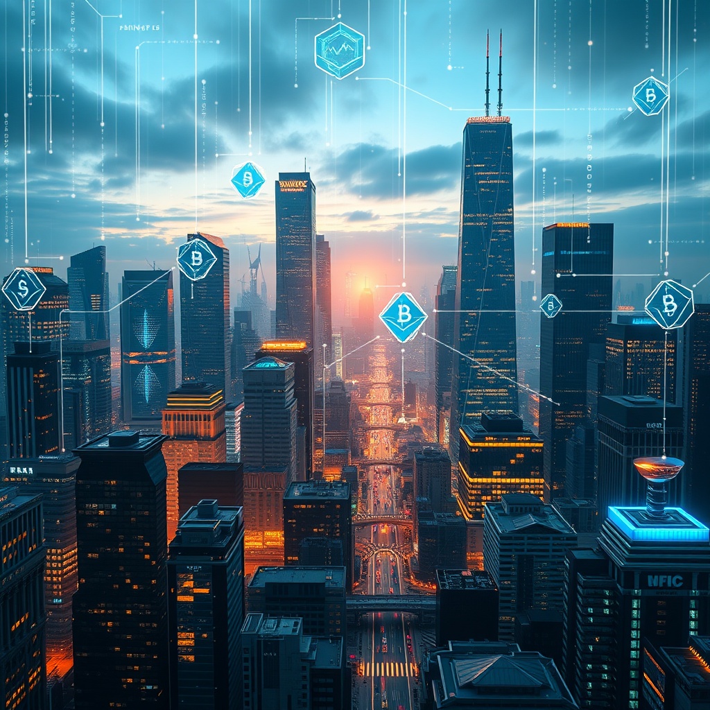 A professional stock photo of a futuristic cityscape with digital and blockchain elements, representing emerging technologies in finance.