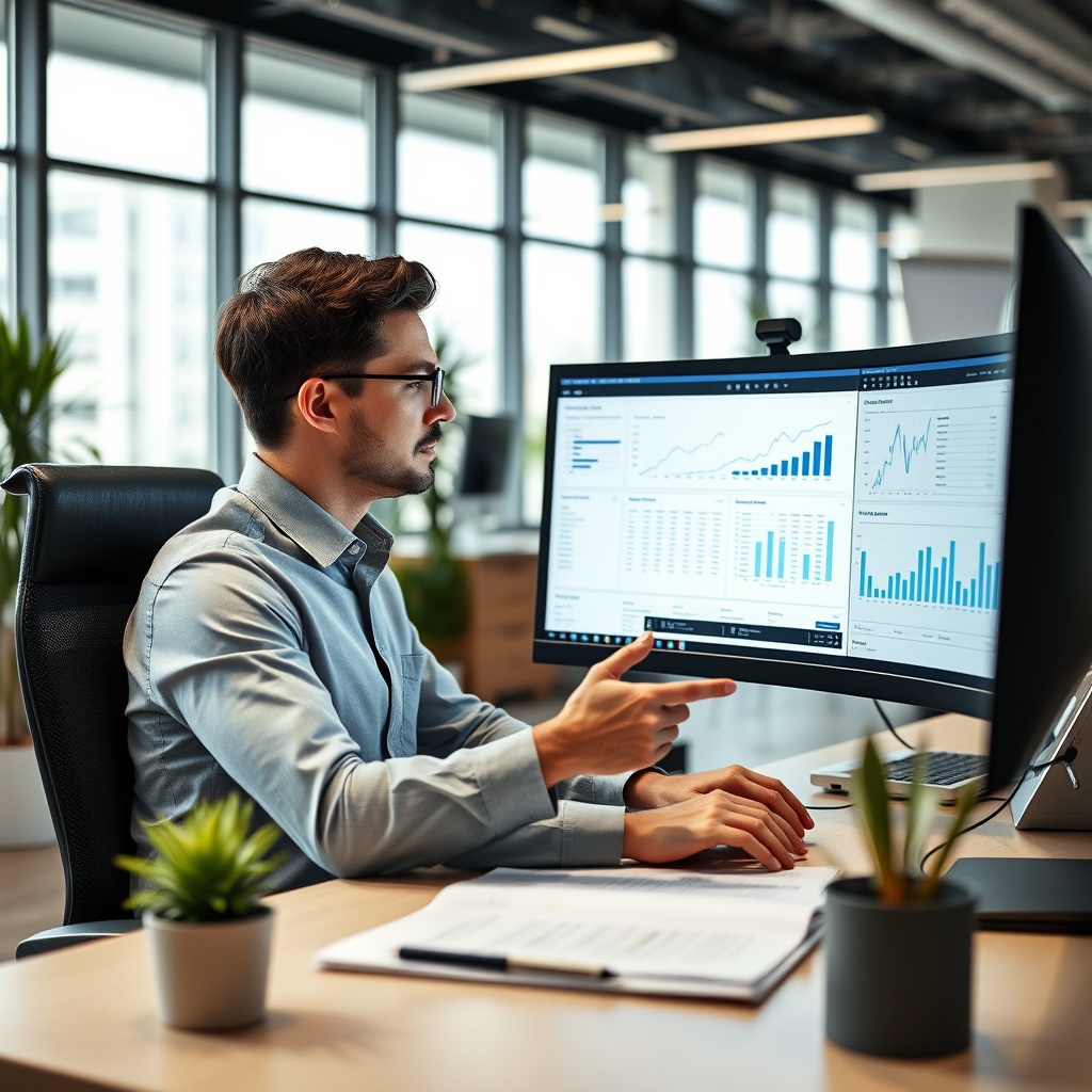 A professional stock photo of a financial analyst reviewing asset management reports on a computer in a modern office setting.