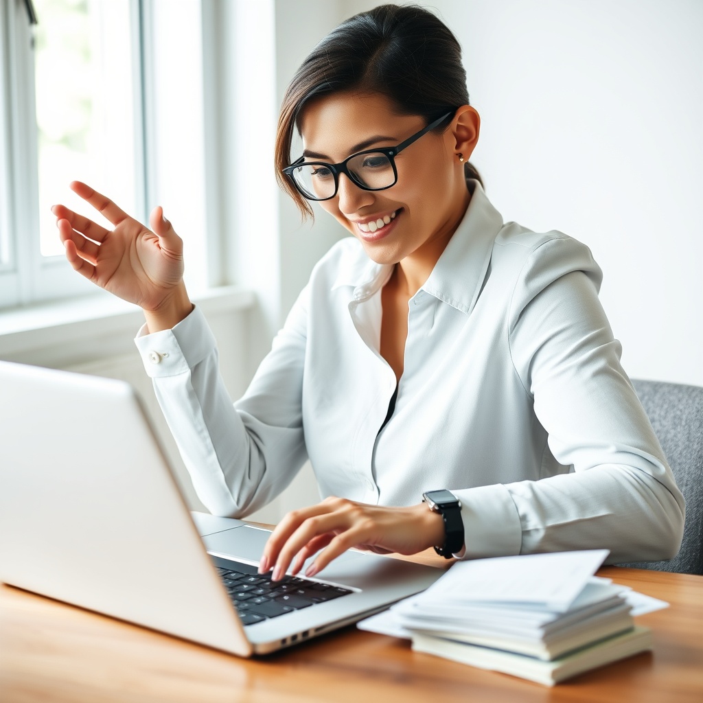 A professional stock photo of a person confidently managing their finances on a laptop, symbolizing financial flexibility and control.