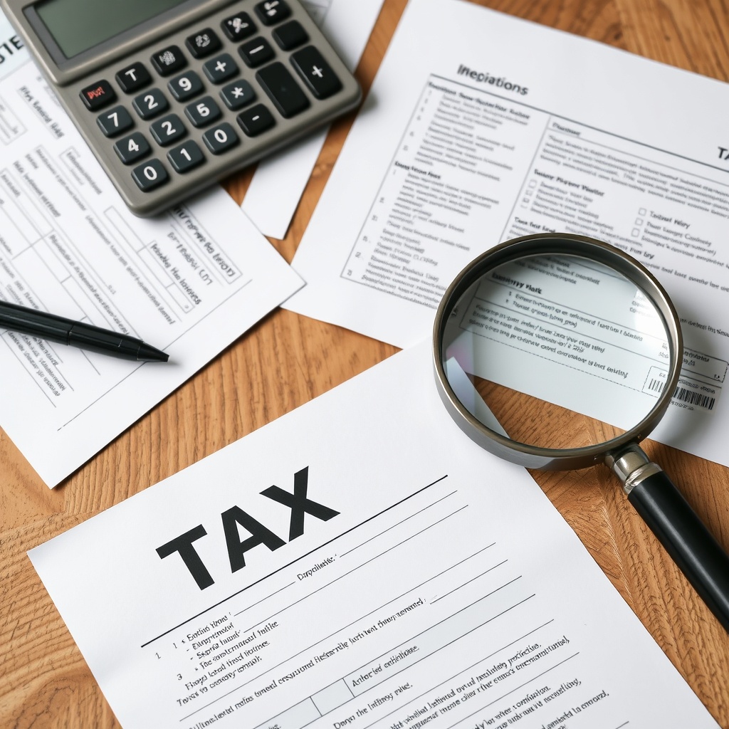 A detailed, professional stock photo of a calculator, tax documents, and a magnifying glass on a wooden desk, highlighting the theme of tax implications.