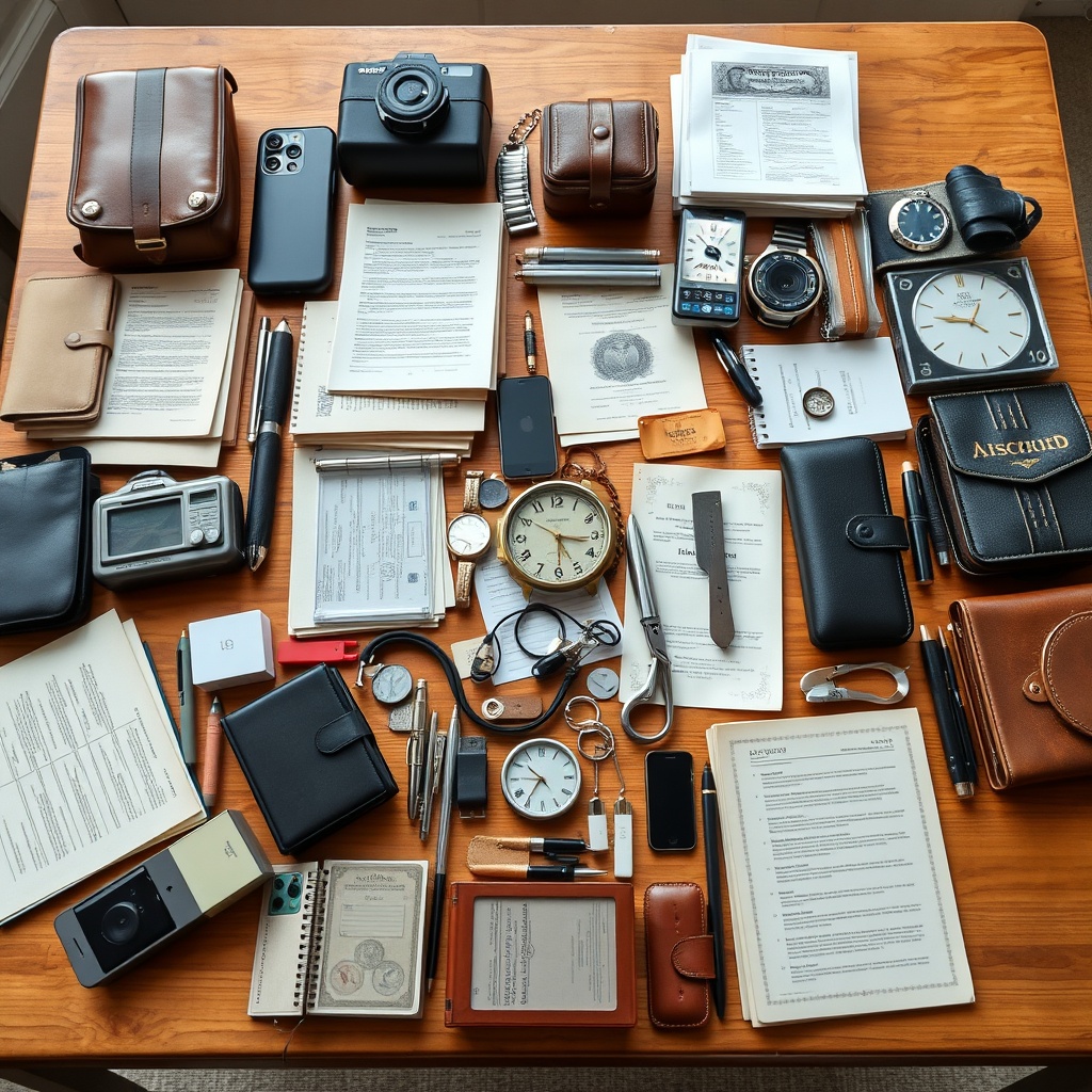 A high-quality stock photo of a diverse collection of personal items and documents neatly arranged on a table, representing personal property and uncommon assets in trusts.