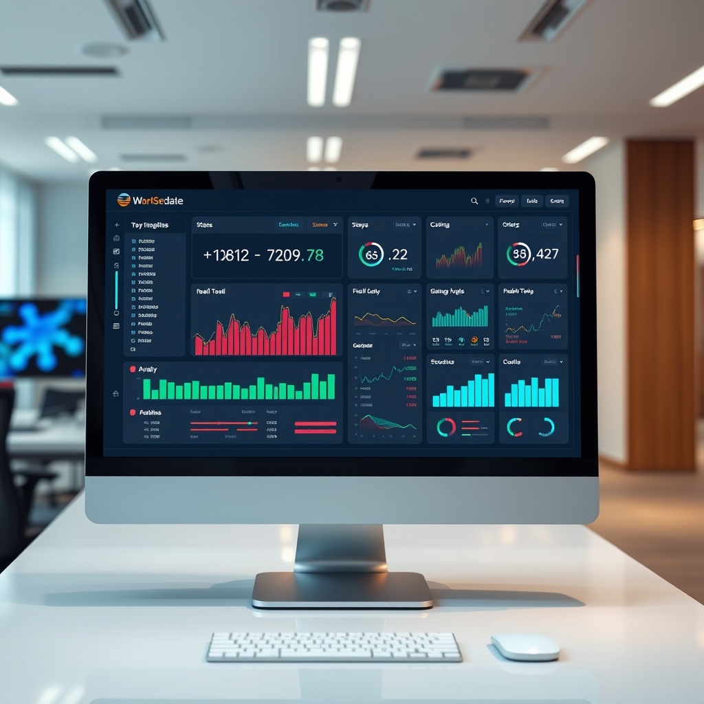 A high-tech dashboard displaying real-time financial data and analytics on a sleek, modern computer screen in an office setting.