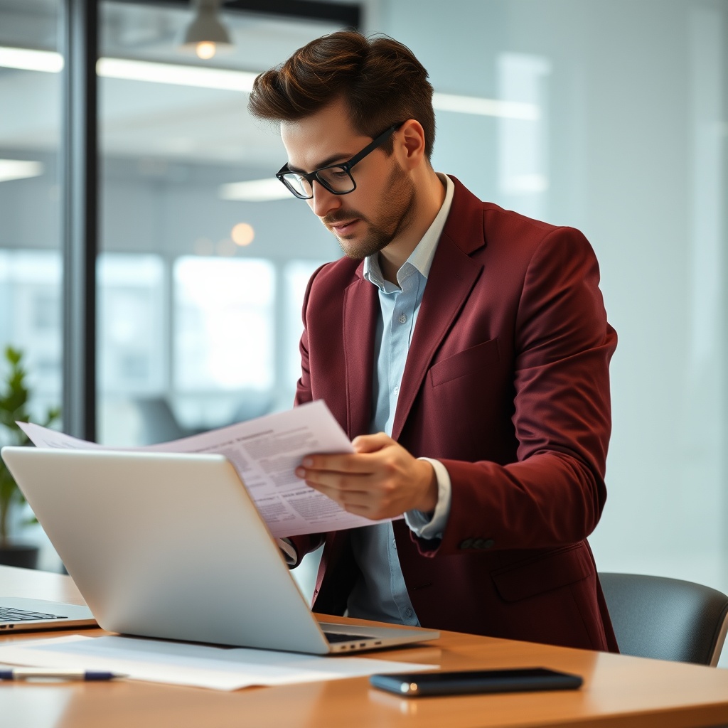 A professional asset manager reviewing documents on a laptop in a modern office setting, looking focused yet relaxed.