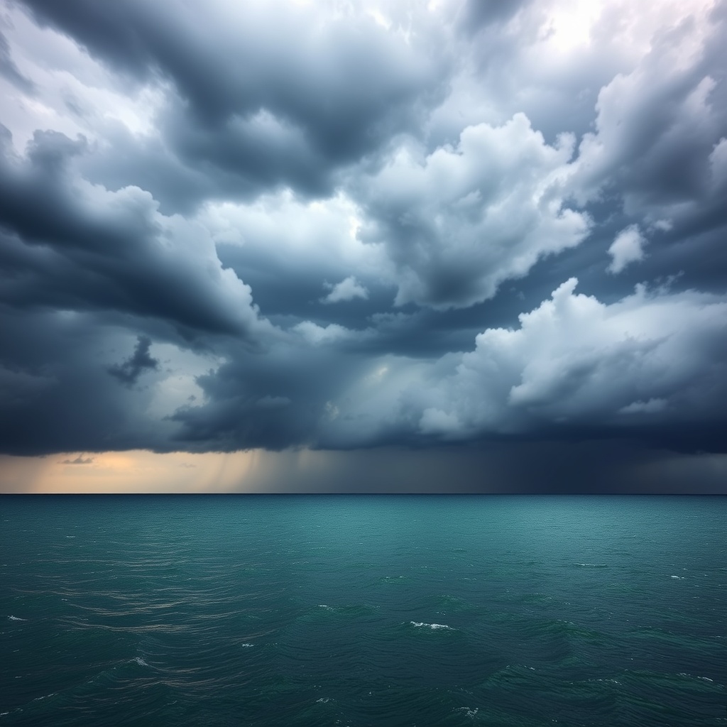 A professional stock photo of a stormy sky over a calm sea, metaphorically representing economic downturns and the stability provided by liquid assets.