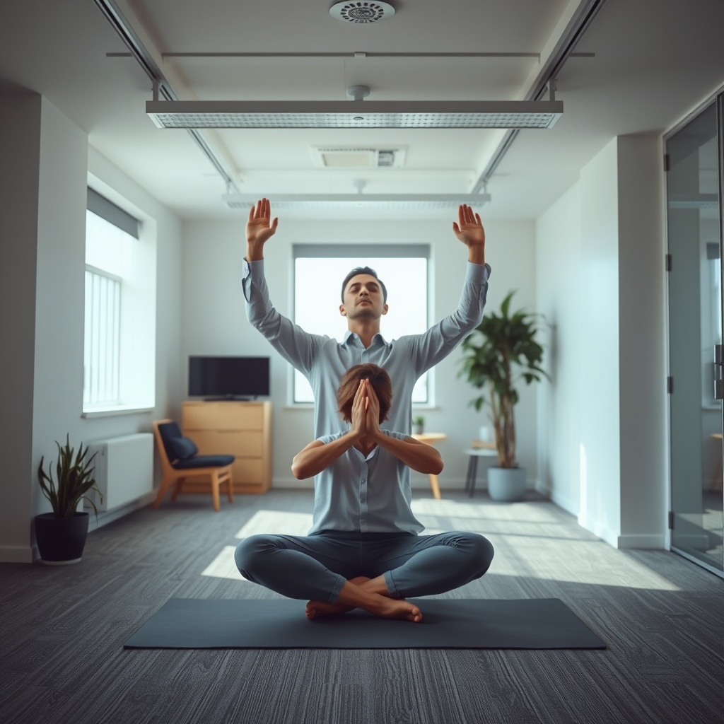 A serene image of an asset manager practicing mindfulness or yoga in a quiet, well-lit office space to manage stress.
