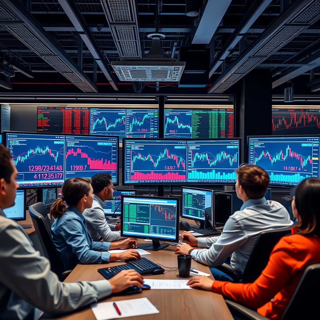 A diverse group of professionals analyzing financial charts and digital assets on multiple screens in a high-tech office environment.