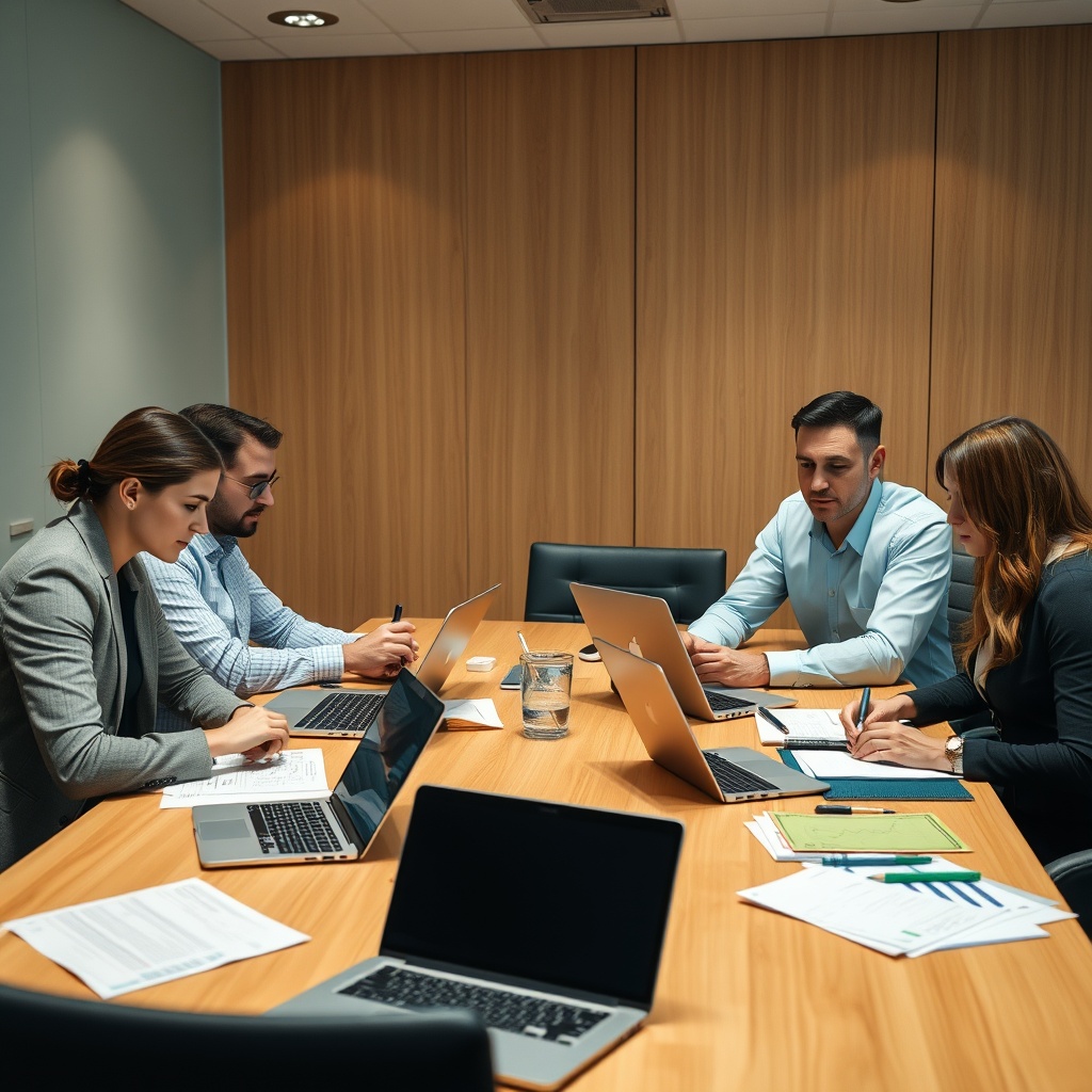 A team of financial experts in a meeting room, reviewing portfolios and discussing strategies with laptops and documents spread across the table.