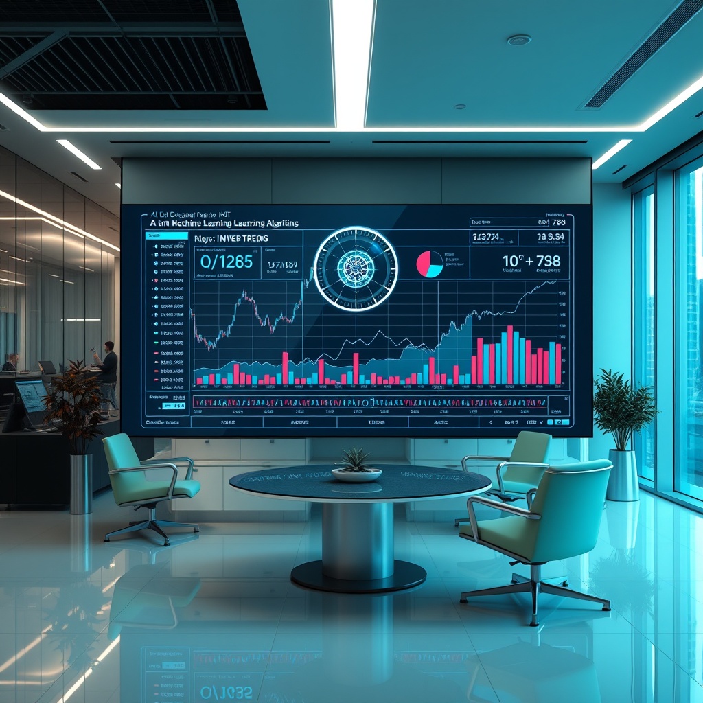 A futuristic interface displaying AI and machine learning algorithms analyzing investment trends on a large digital screen in a sleek, modern office.